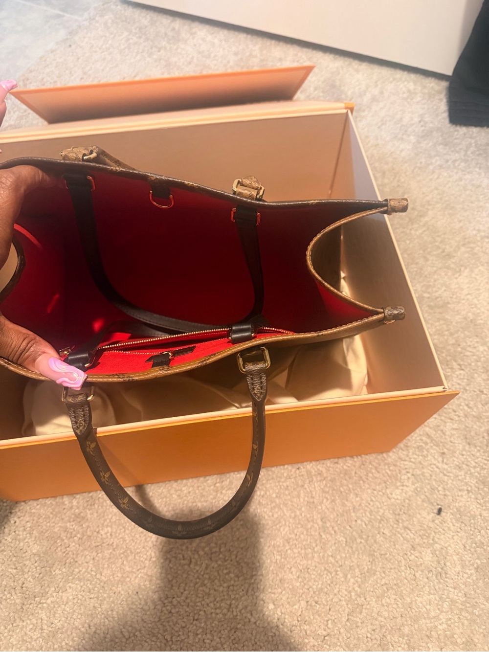 Louis Vuitton Brown Monogram Tote with Red Interior